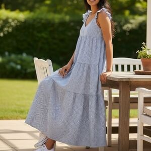 Old Navy Blue Gingham Plaid Midi Dress XL Country Beach Casual Vacation